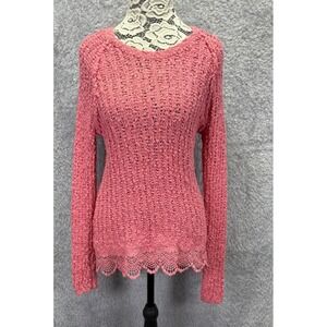 Naf Naf Paris Womens Pink Sweater Medium Lace Trim Y2K Open Knit‎ Fitted Fairy